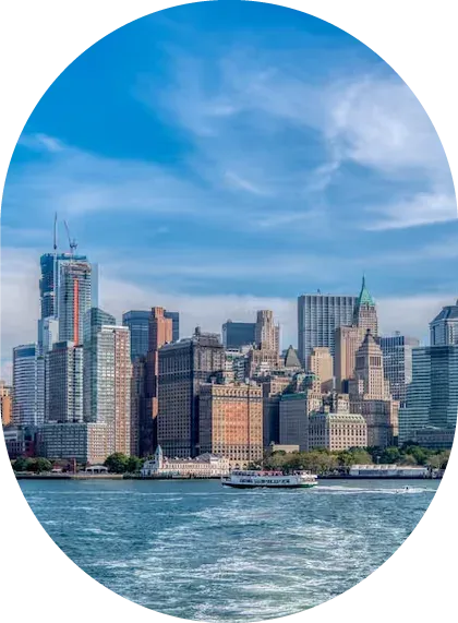 Lower Manhattan skyline seen from the water on a sunny day